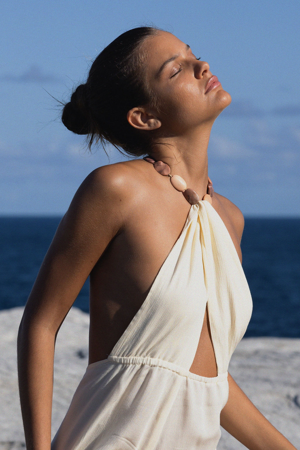 flook the label zaya dress vanilla bamboo eco beach beachwear necklace model 