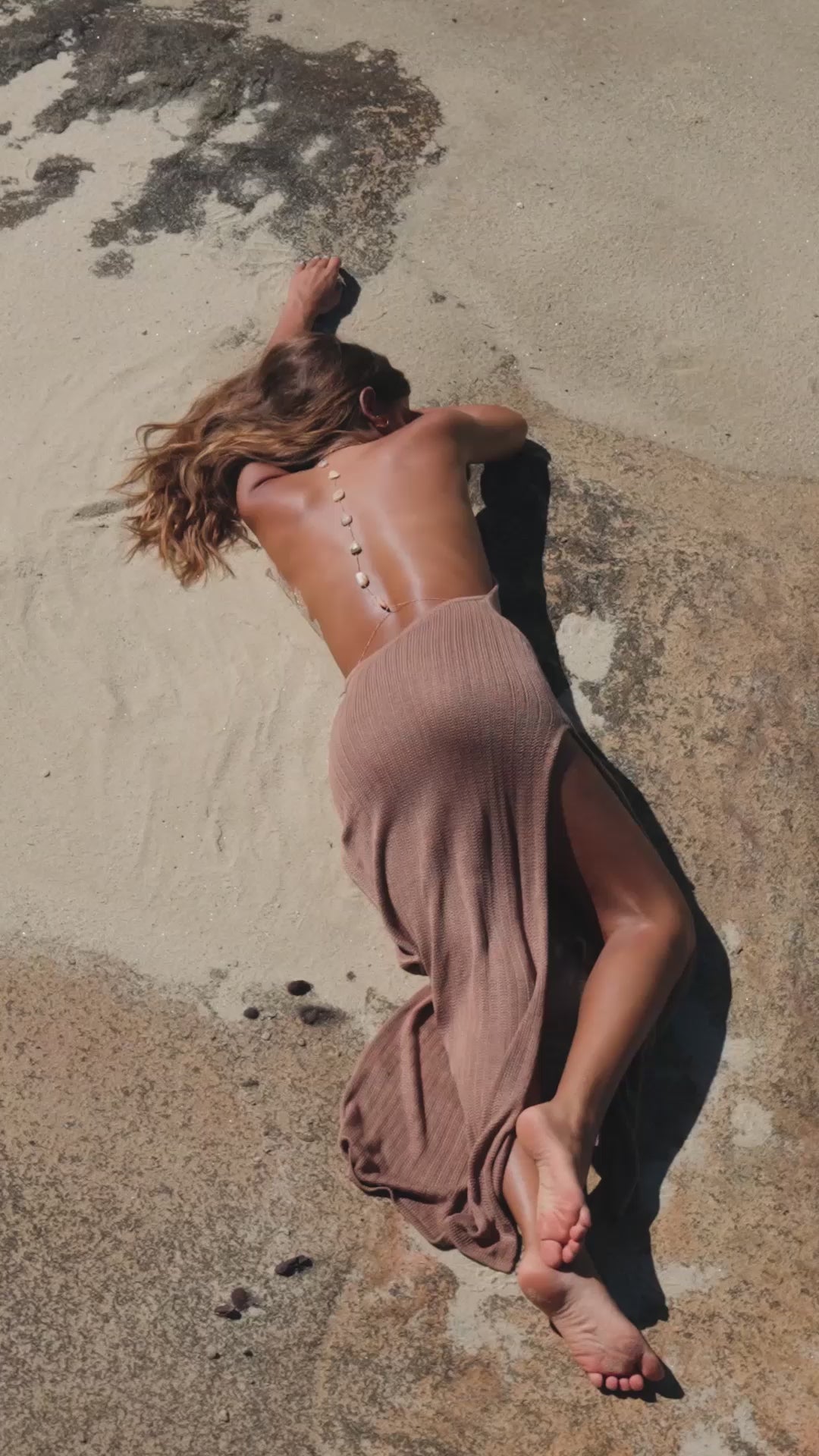 flook the label zaida maxi dress coco knit model beach bodychain jewelry 