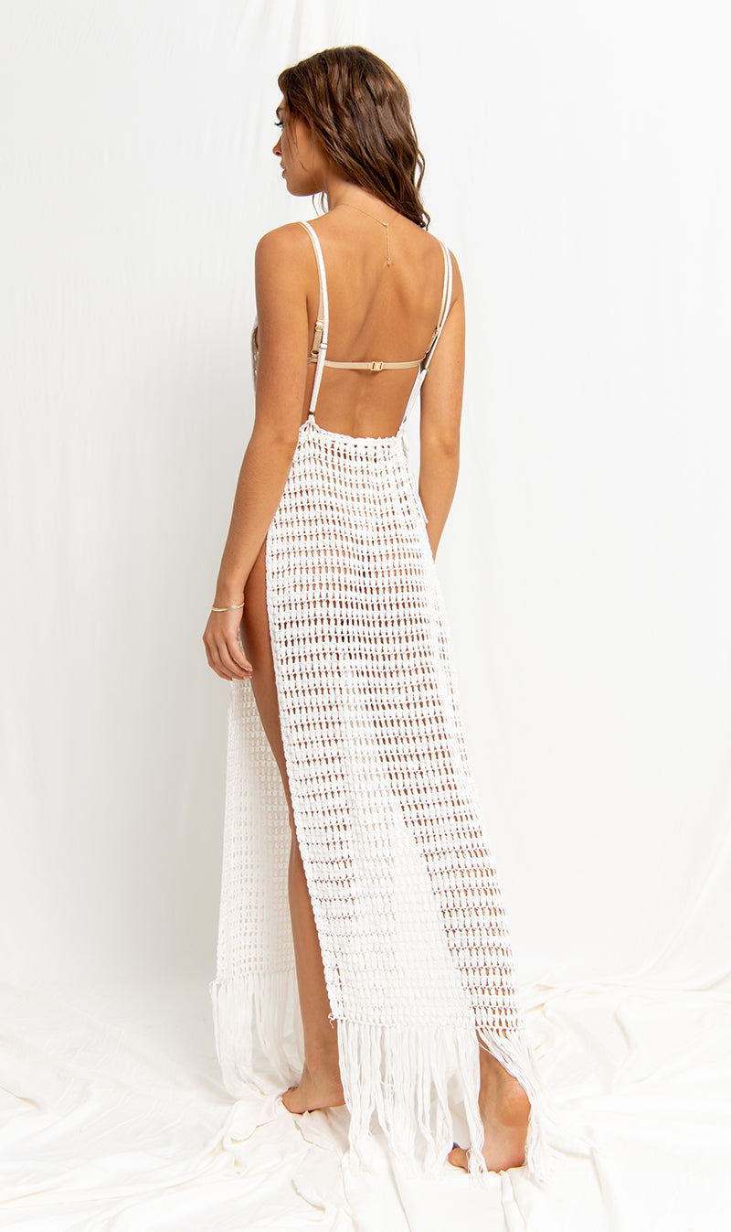flook the label kissthesky tunic dress white crochet beachwear model studio