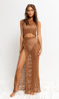 flook the label remi crop top eliana skirt rust crochet beachwear model studio