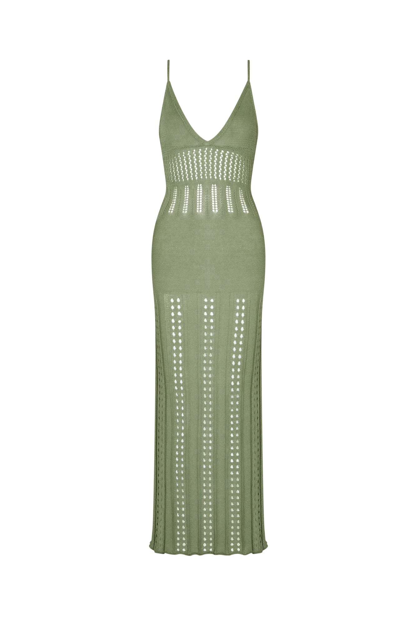 flook the label aura maxi dress sage green knitwear detail front