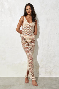 flook the label enya dress maxi cream crochet model studio