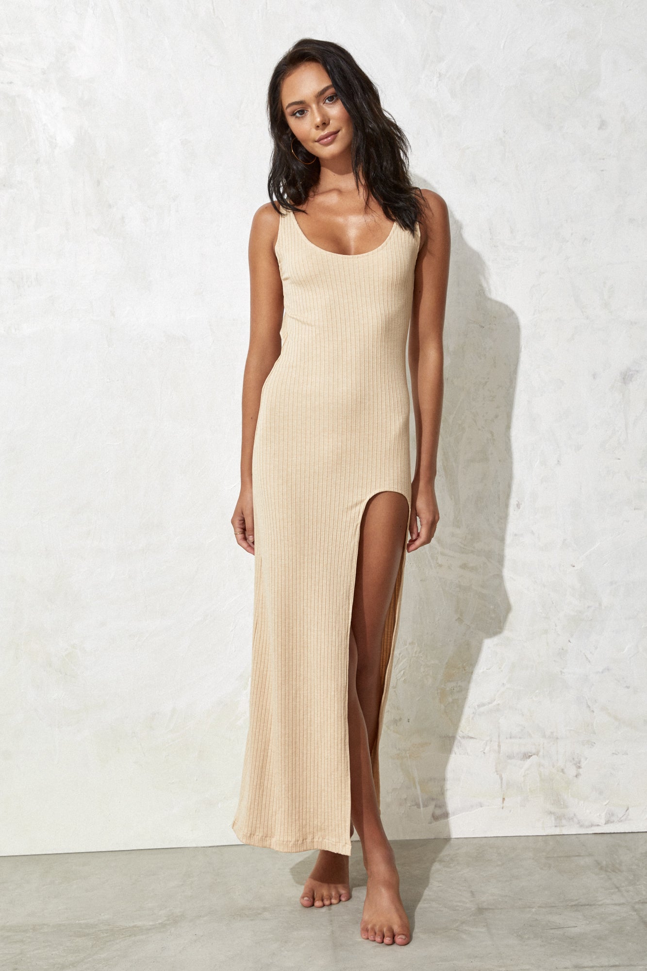 flook the label estelle dress nude rib jersey model studio maxi 