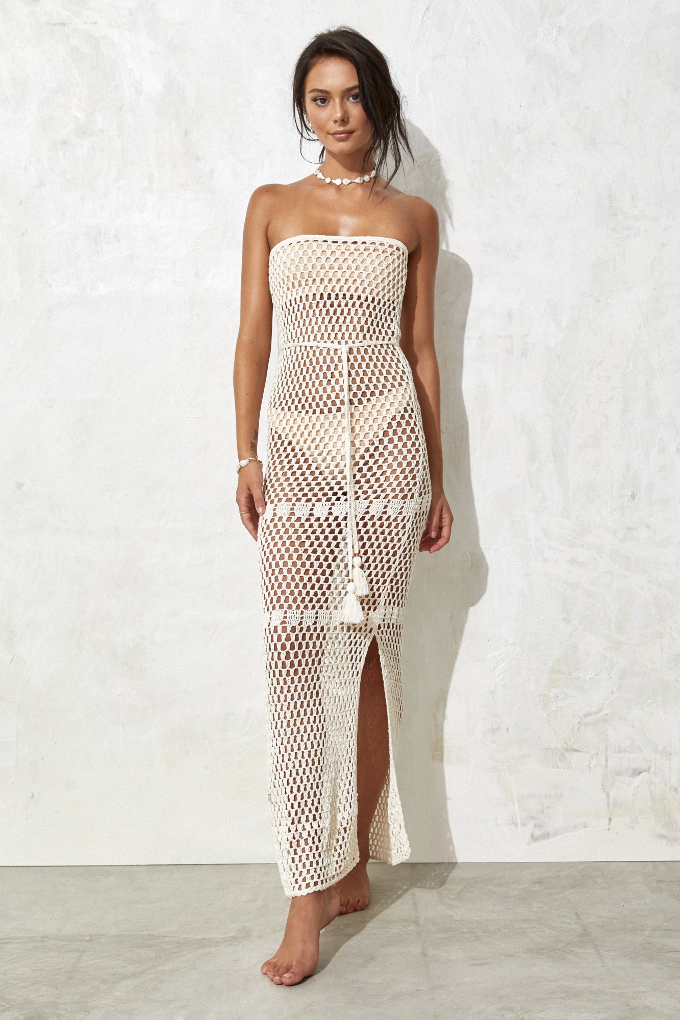flook the label lillie bandeau dress ivory crochet beachwear model studio