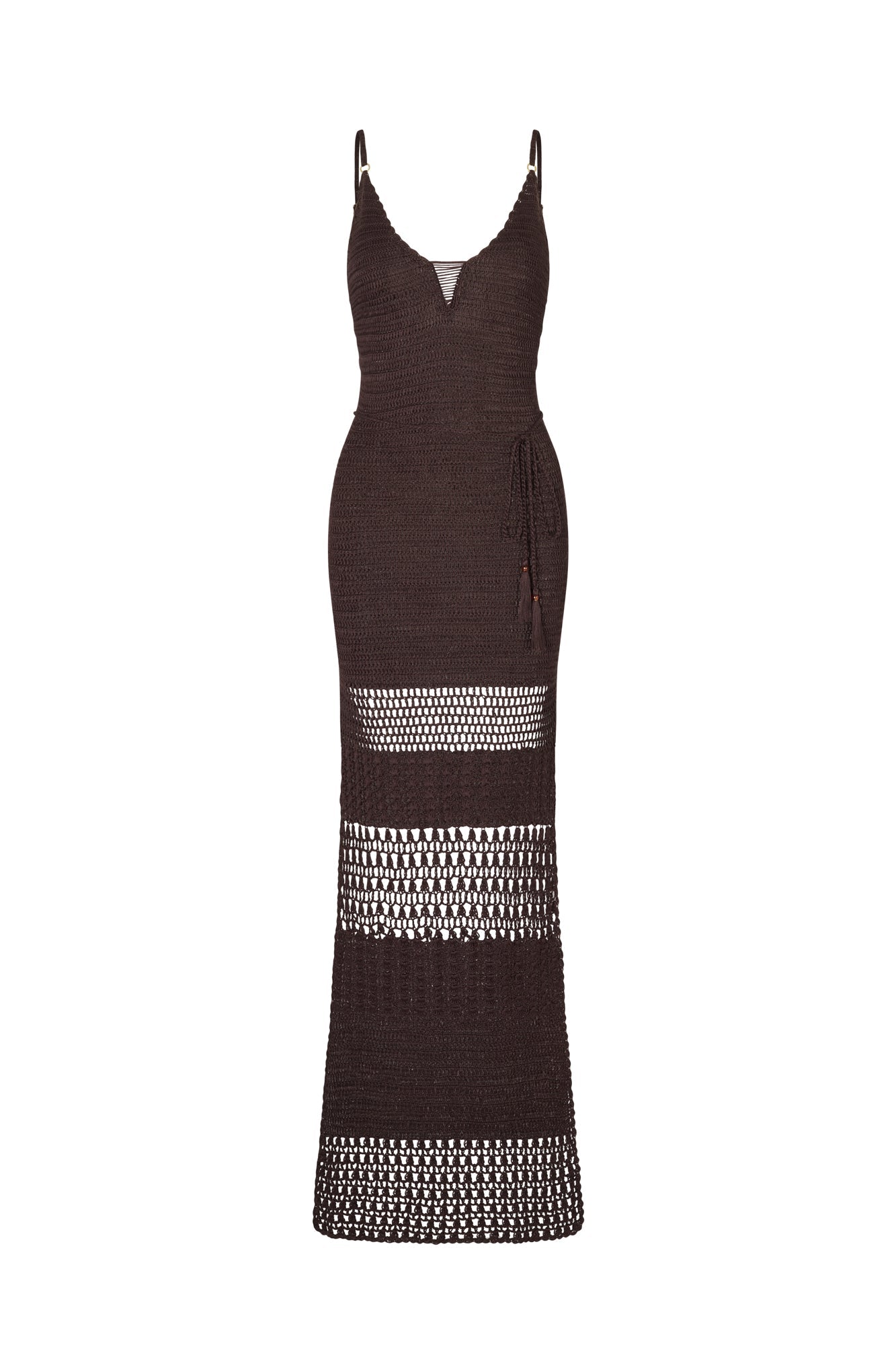 flook the label logan maxi dress chocolate brown crochet beachwear detail front