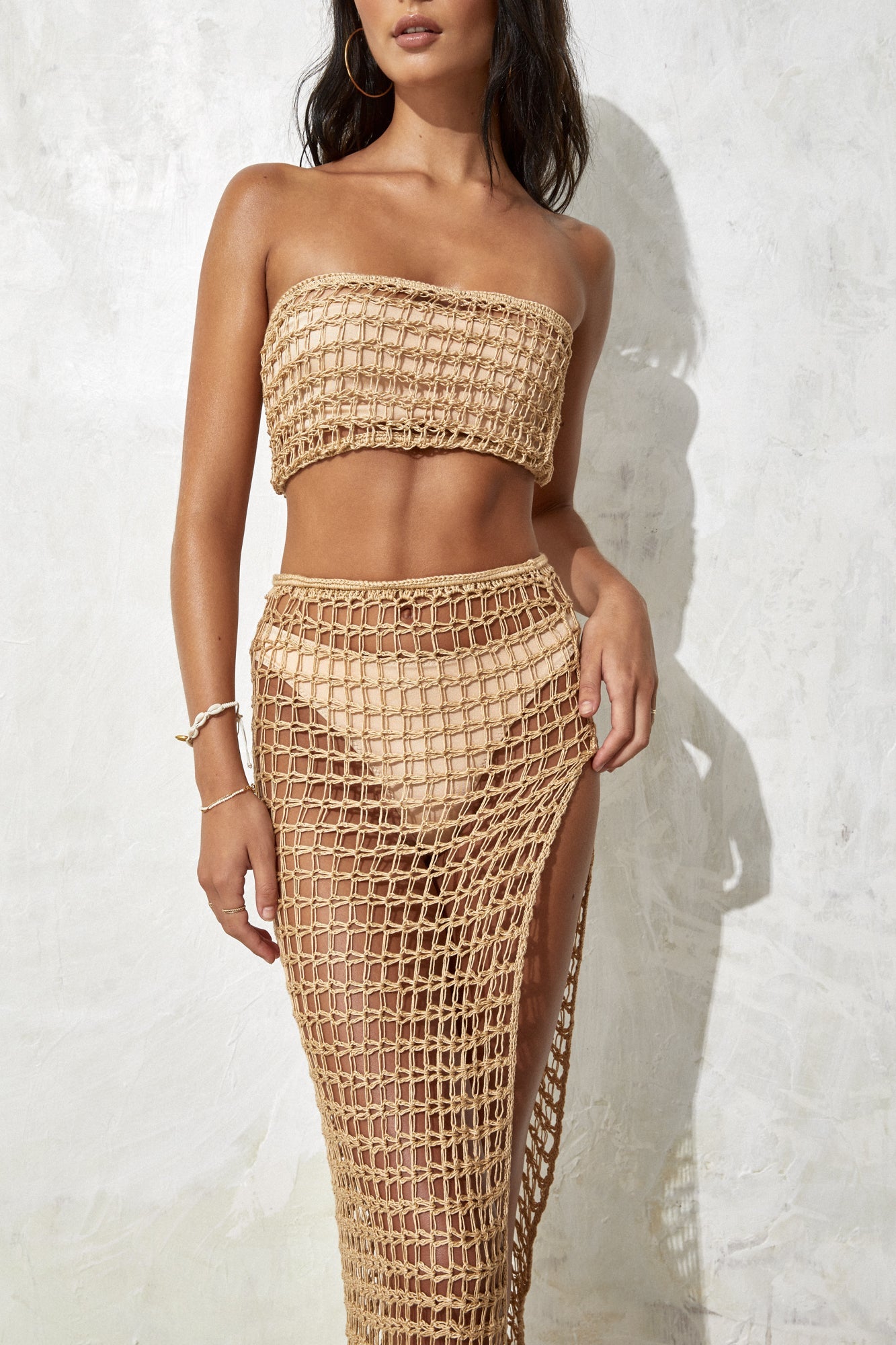 flook the label malia set top skirt crochet golden sand beachwear model studio