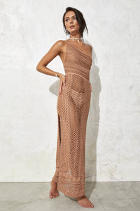 flook the label romy maxi dress rust one shoulder crochet rust model studio
