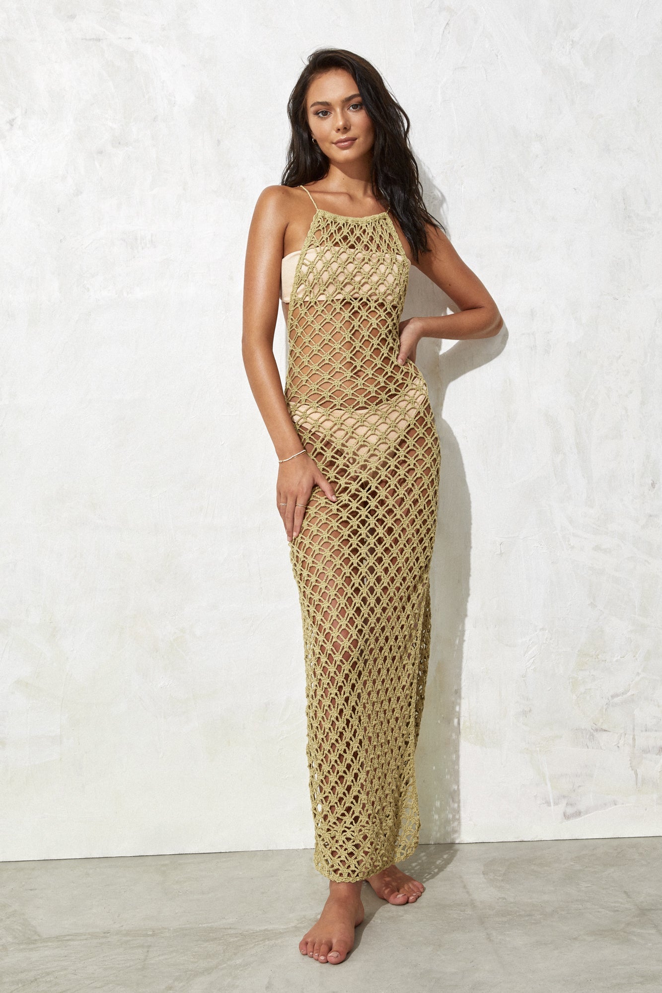 flook the label shayna dress soft khaki beachwear crochet model studio