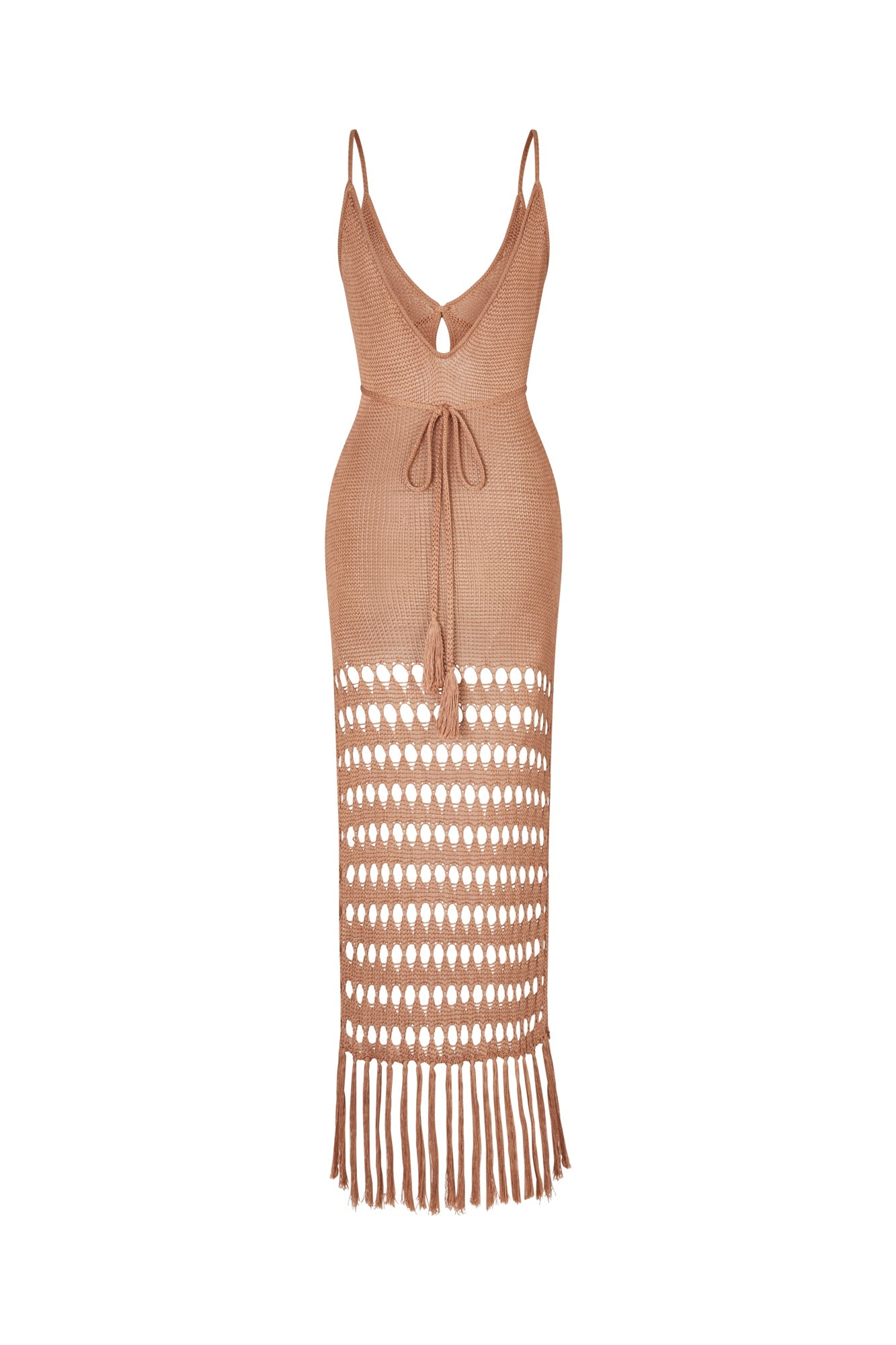 flook the label zuri maxi dress rust knit fringe ties details back