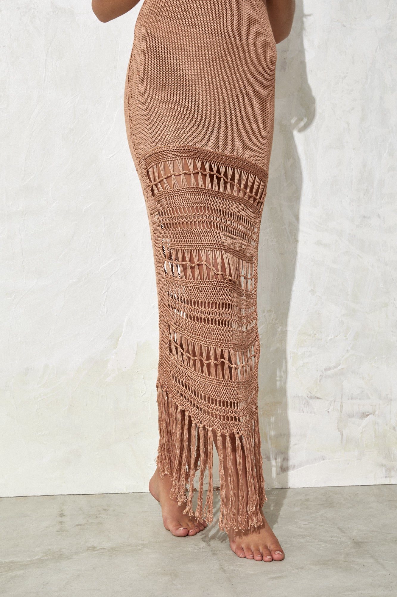 flook the label zuri maxi dress rust knit skirt fringe model