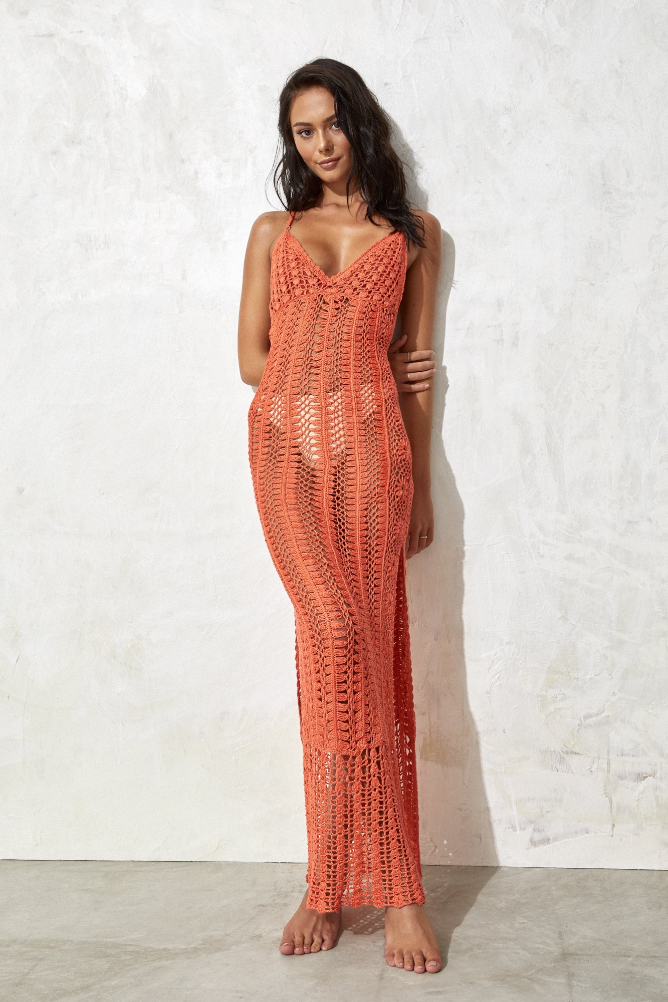 flook the label ayla maxi dress coral crochet floral flower beachwear model studio